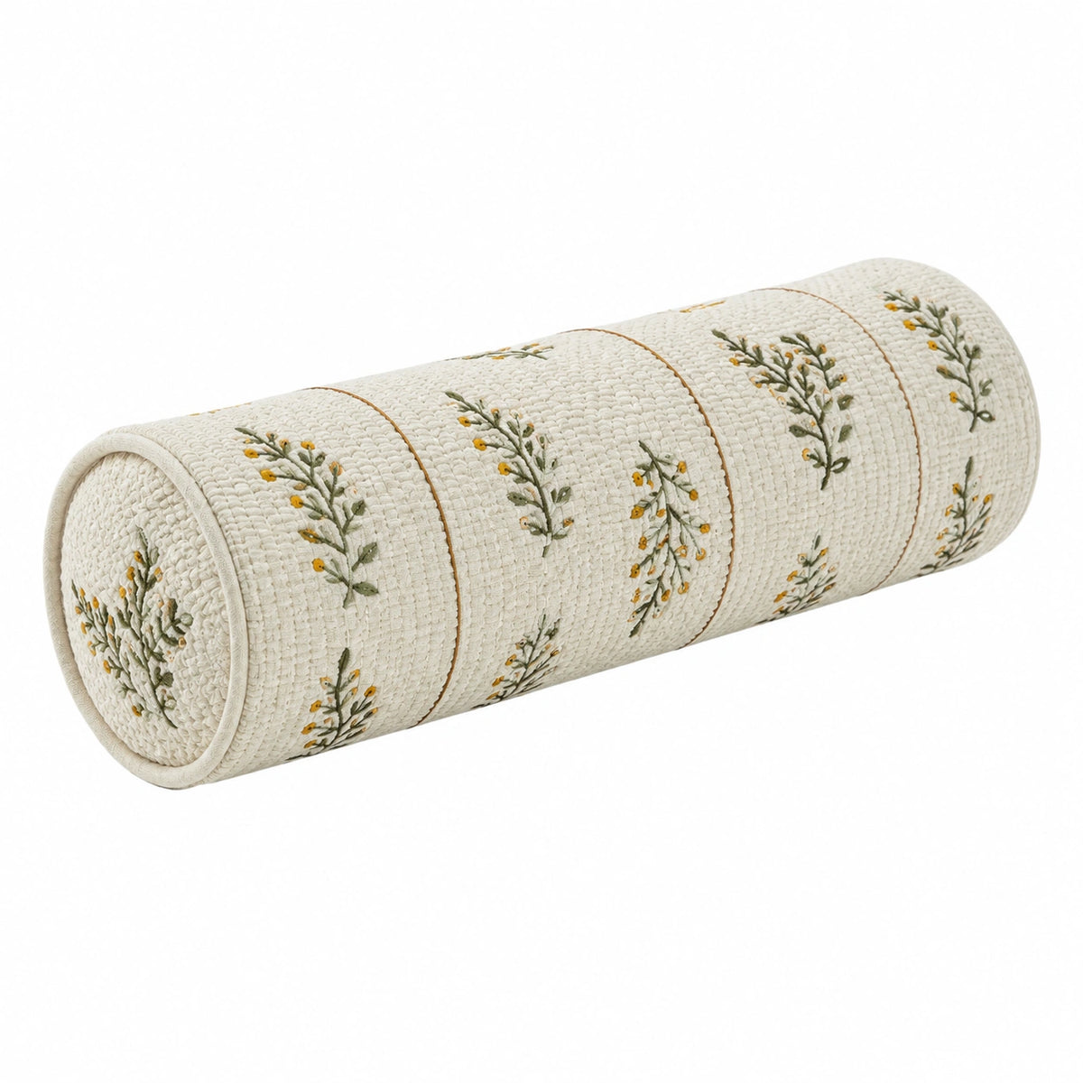 Cuscino cilindrico 15 x 45 cm in tessuto beige con motivo floreale - supporto decorativo