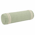 Cuscino cilindrico 15 x 45 cm in tessuto verde salvia con bordo crochet - decorativo