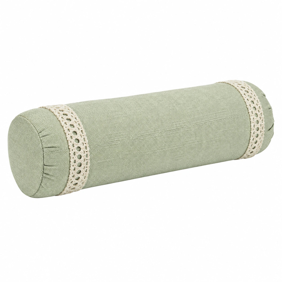 Cuscino cilindrico 15 x 45 cm in tessuto verde salvia con bordo crochet - decorativo