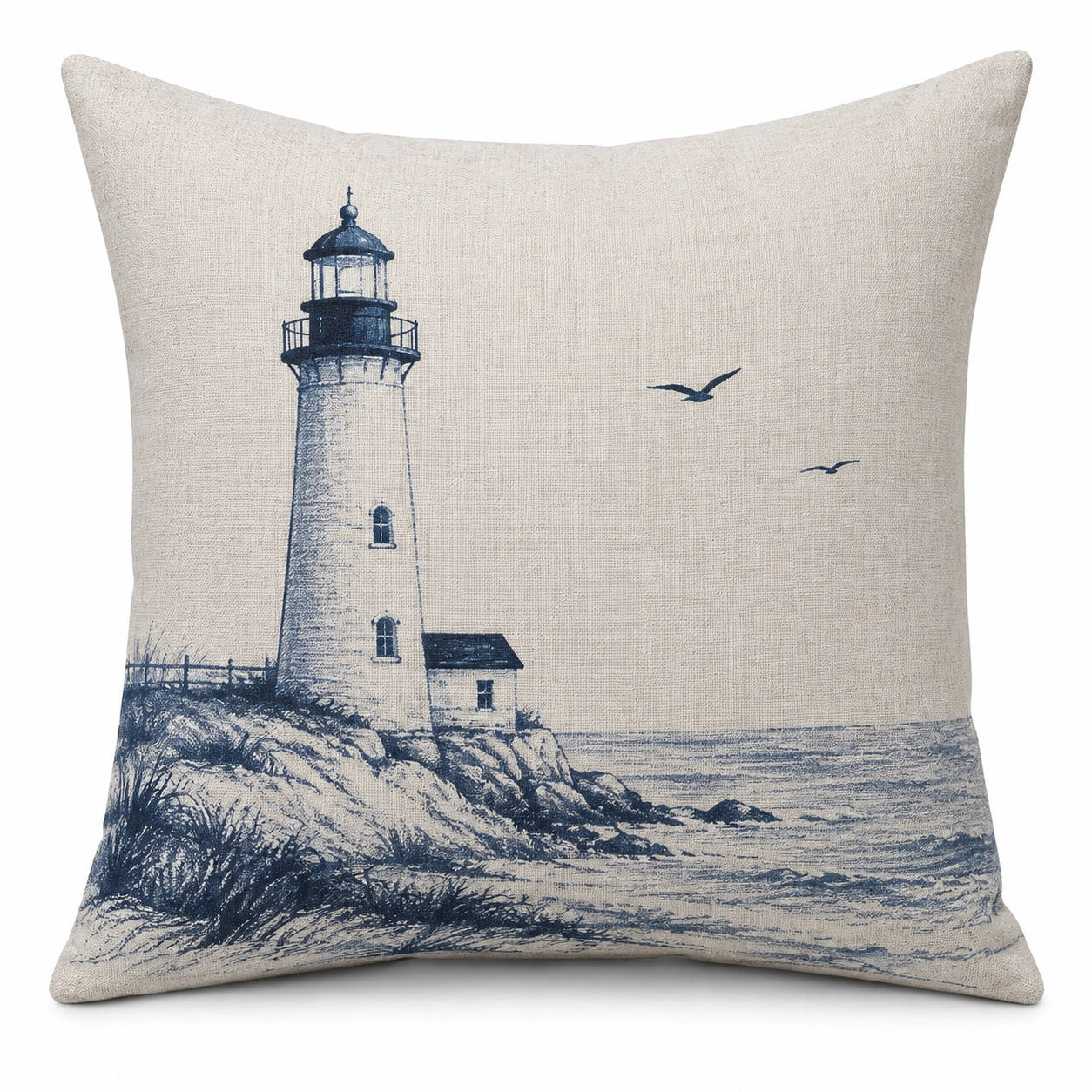 Cuscino decorativo quadrato 45 cm in tessuto beige con stampa faro stile marinaro