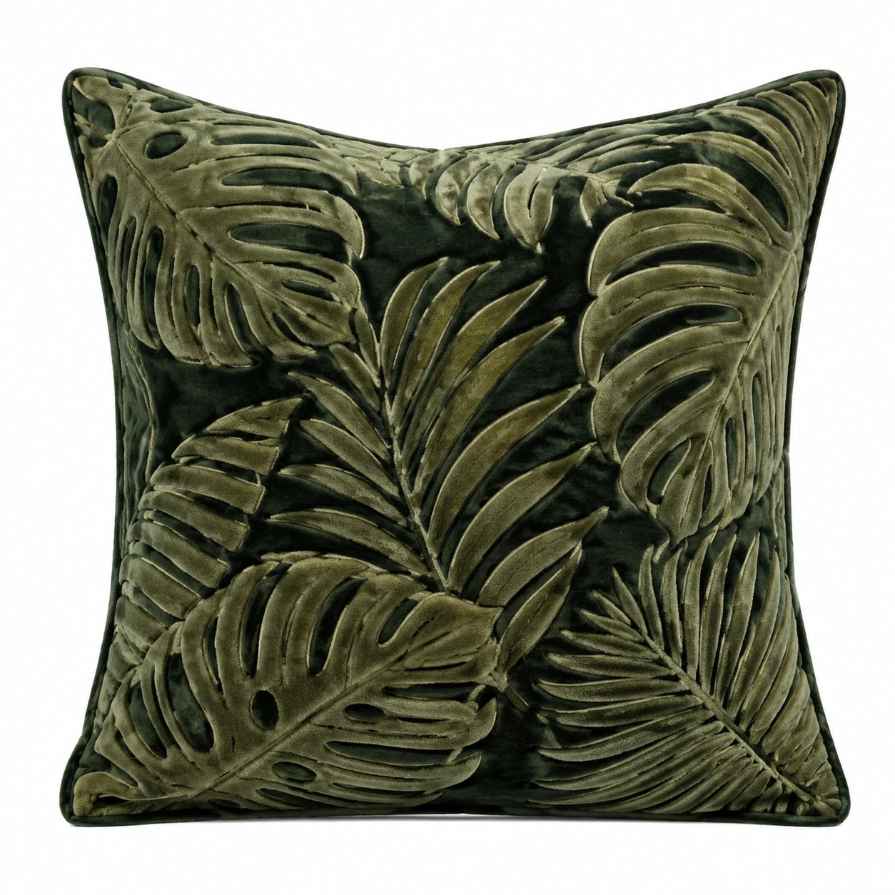 Cuscino decorativo quadrato 45 cm in velluto verde scuro con motivo foglie in rilievo