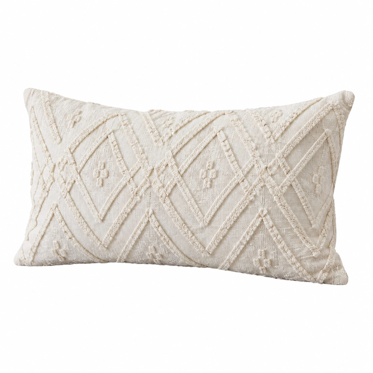 Cuscino decorativo rettangolare 50 x 30 cm in tessuto avorio con ricamo geometrico boho