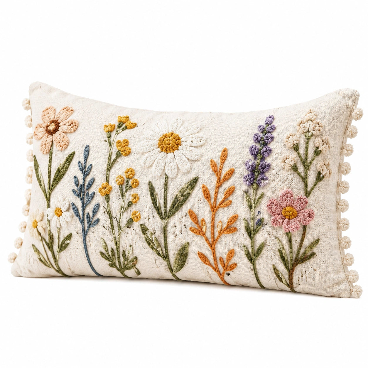 Cuscino decorativo rettangolare 50 x 30 cm in tessuto beige con ricamo floreale e nappe