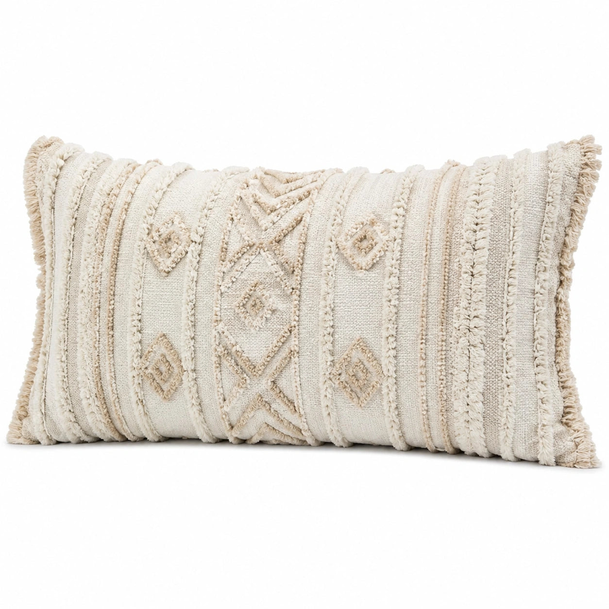 Cuscino decorativo 50 x 30 cm in cotone beige con frange stile boho