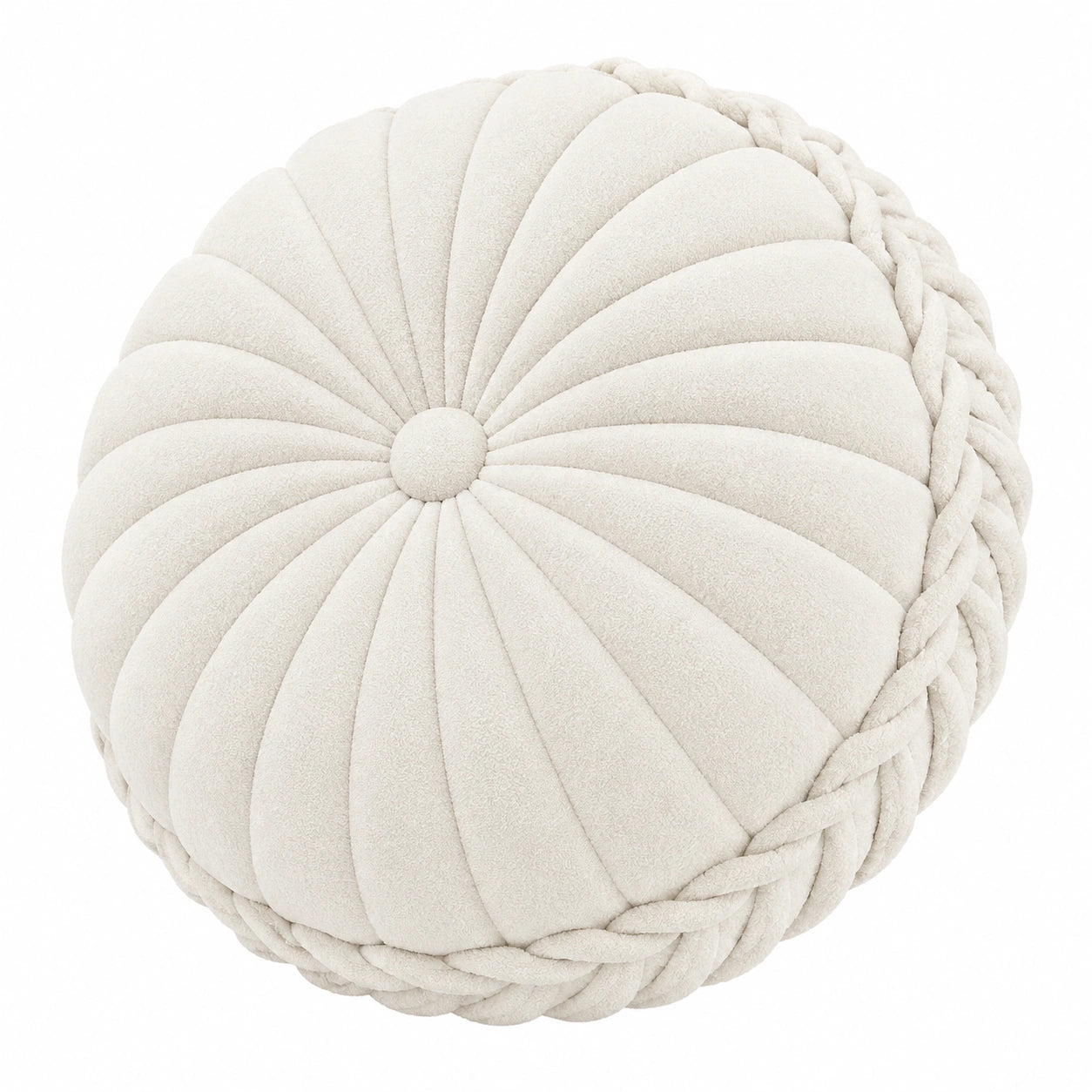 Cuscino decorativo rotondo 45 cm in tessuto effetto peluche avorio con lavorazione plissettata