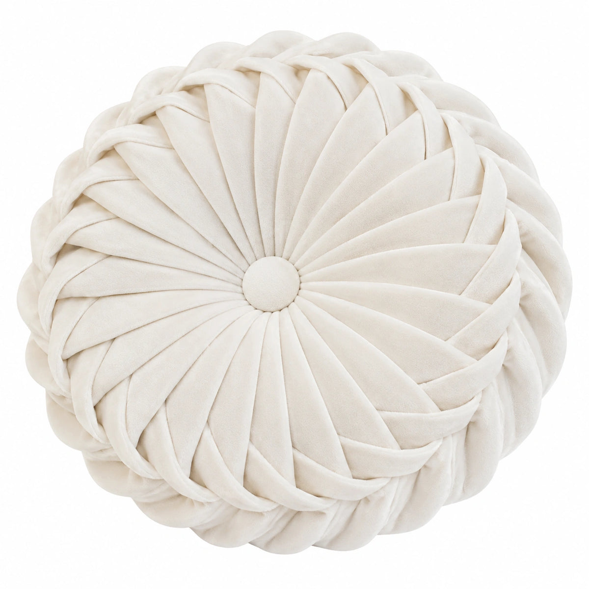 Cuscino decorativo rotondo 40 cm in velluto color avorio con plissettatura floreale
