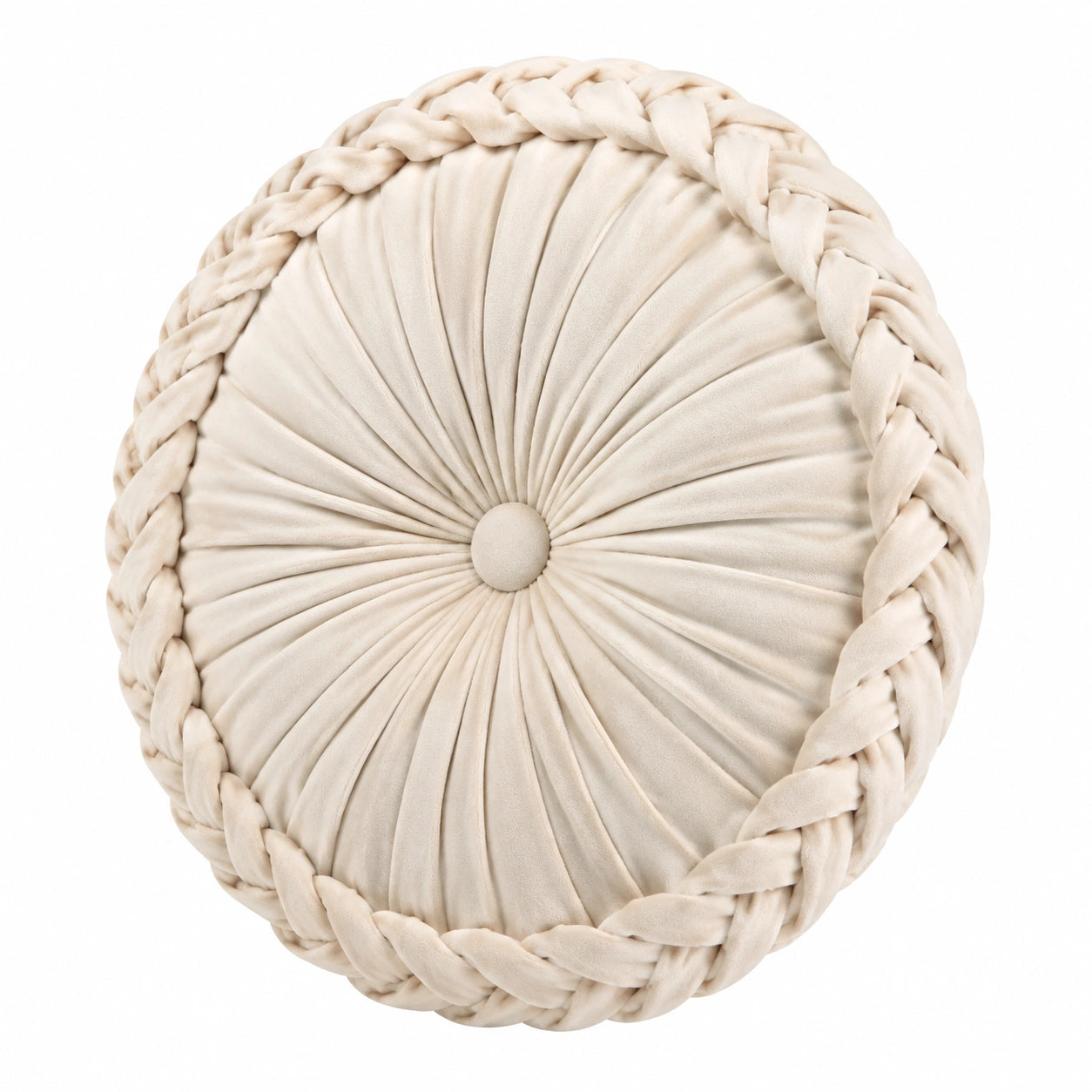 Cuscino decorativo rotondo 40 cm in velluto beige con bordo intrecciato per divano stile boho